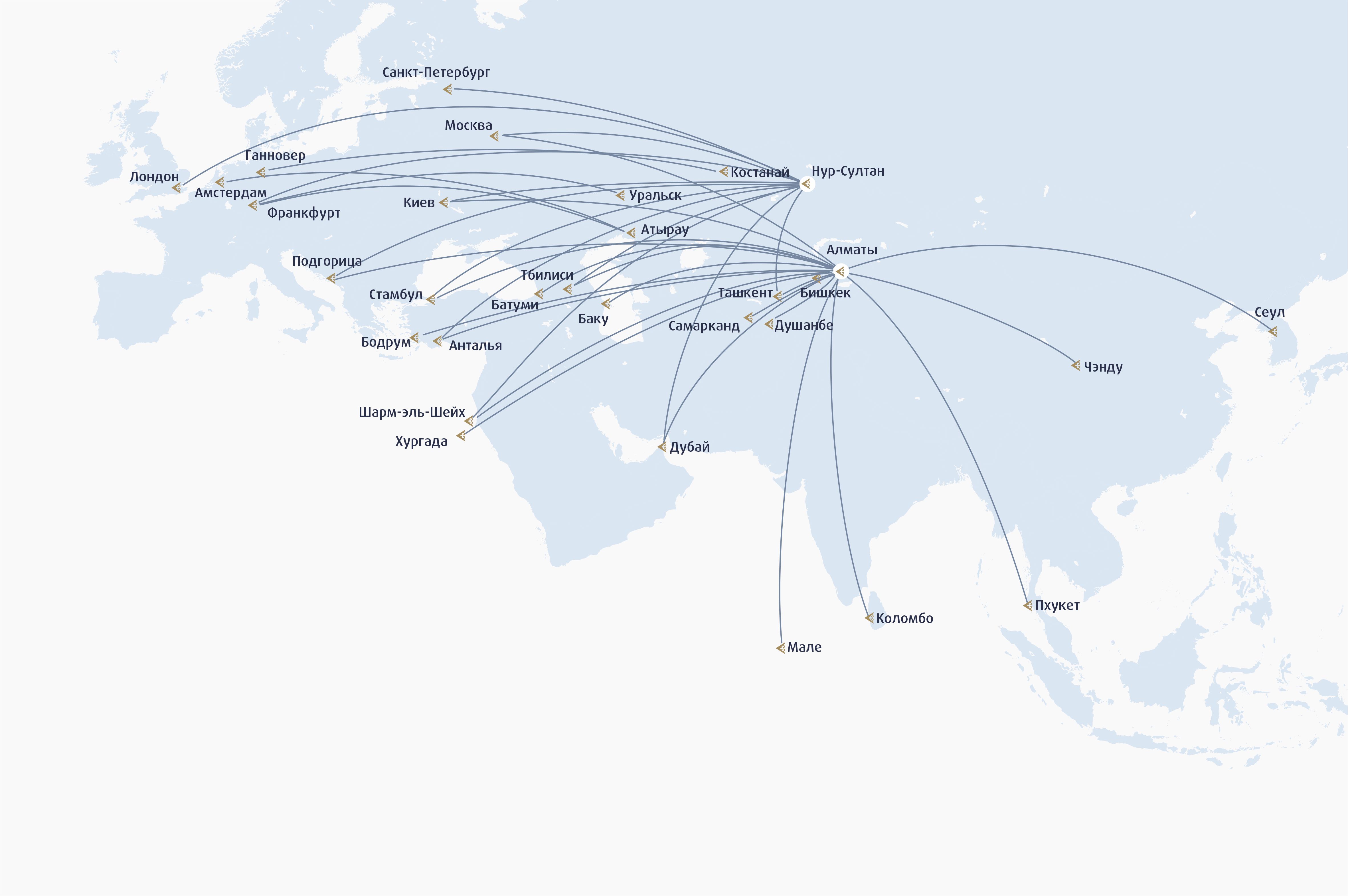 Карта маршрутов Air Astana 2020